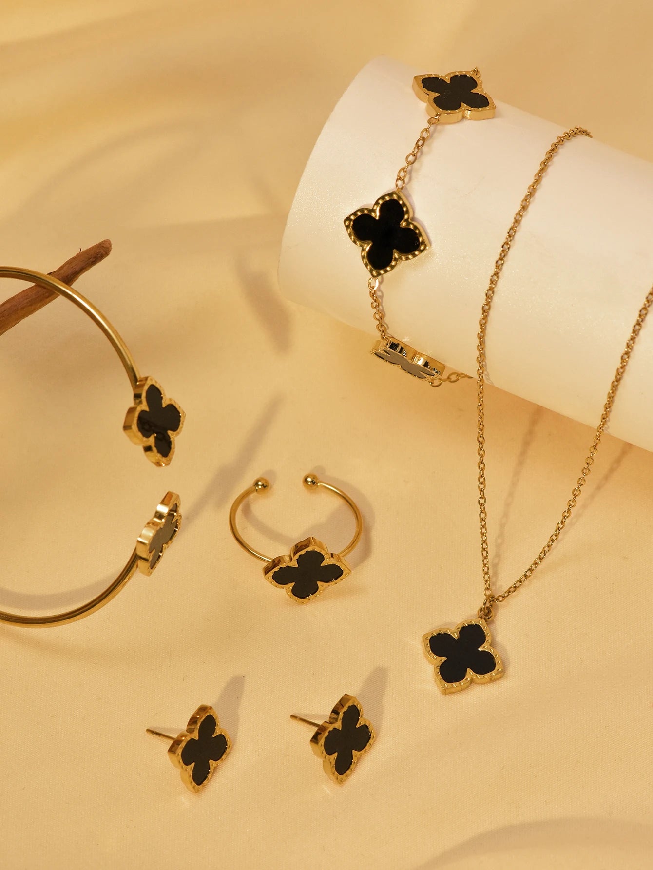 1 Set Stainless Steel Clover Jewellery Set, Necklace Bracelet, Ring & Earrings