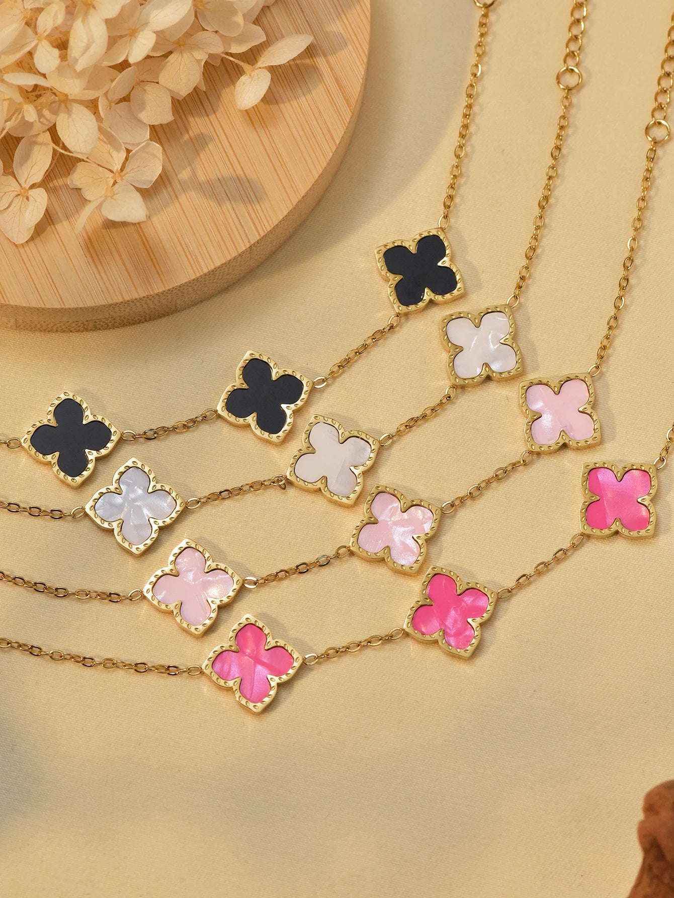 1 Set Stainless Steel Clover Jewellery Set, Necklace Bracelet, Ring & Earrings