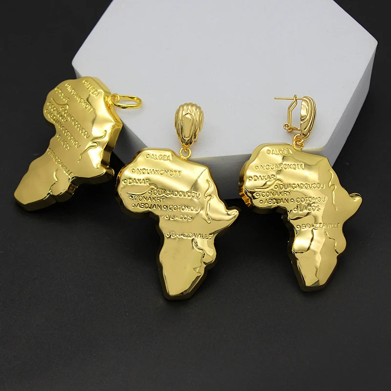 Africa Map Necklace Earrings Sets Copper 24K Plated Gold, Ethiopia, Congo, Ghana Jewelry