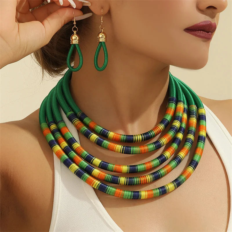 African Fashion Jewelry Set for Women. Necklace, Earrings Multi-layer Woven Jewelry.