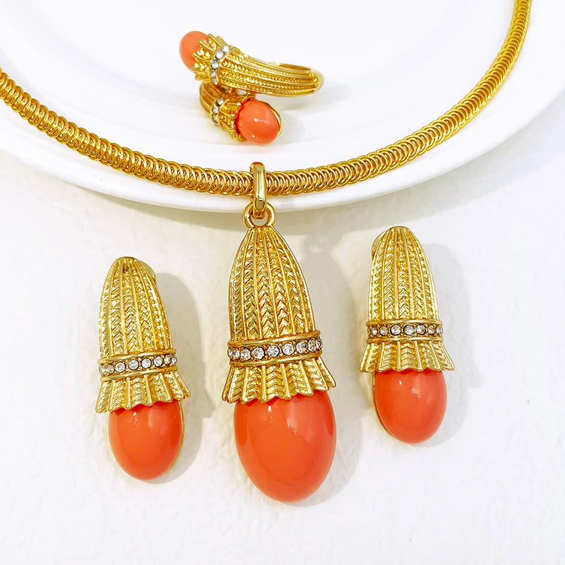 Italian Luxury Red Opal Pendant Jewelry Set For Women