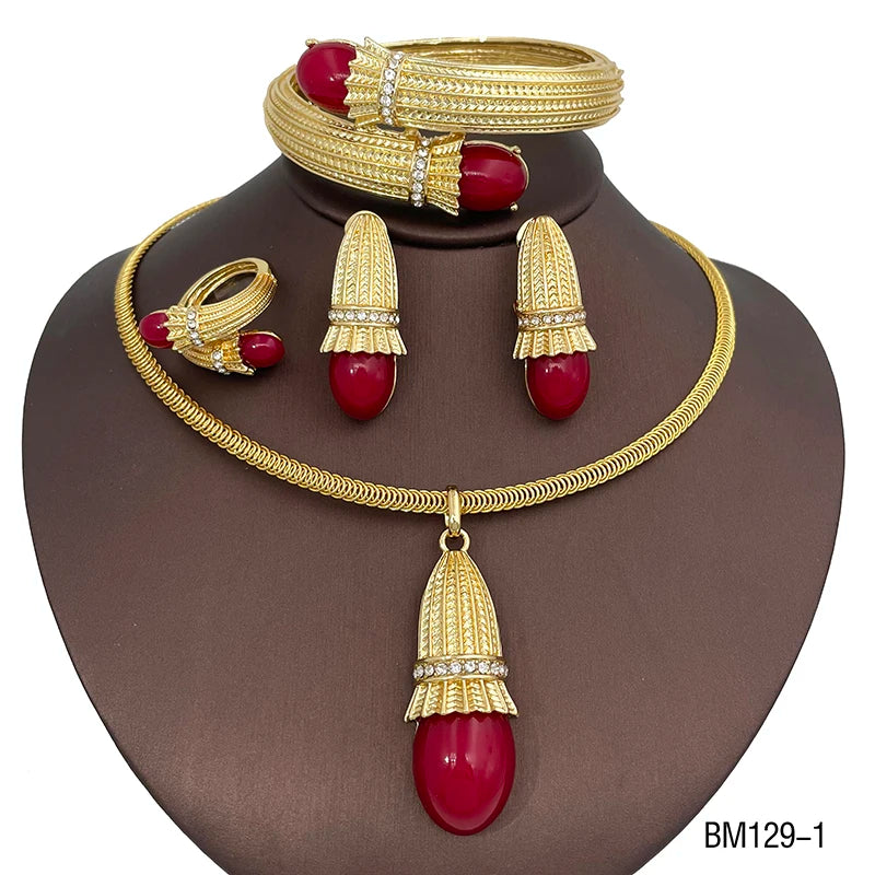 Italian Luxury Red Opal Pendant Jewelry Set For Women
