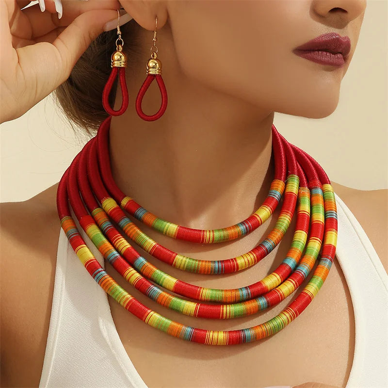 African Fashion Jewelry Set for Women. Necklace, Earrings Multi-layer Woven Jewelry.