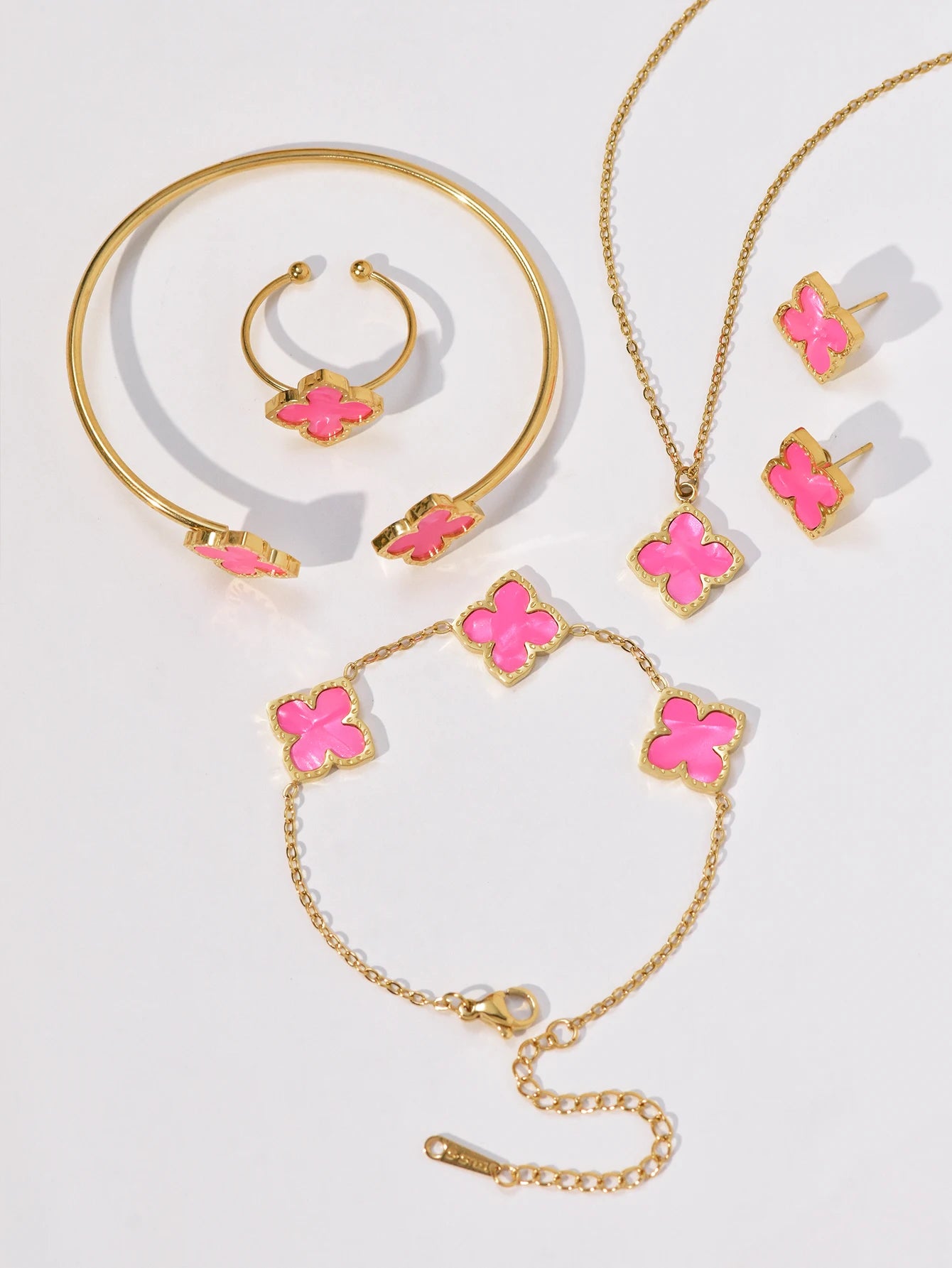 1 Set Stainless Steel Clover Jewellery Set, Necklace Bracelet, Ring &  Earrings