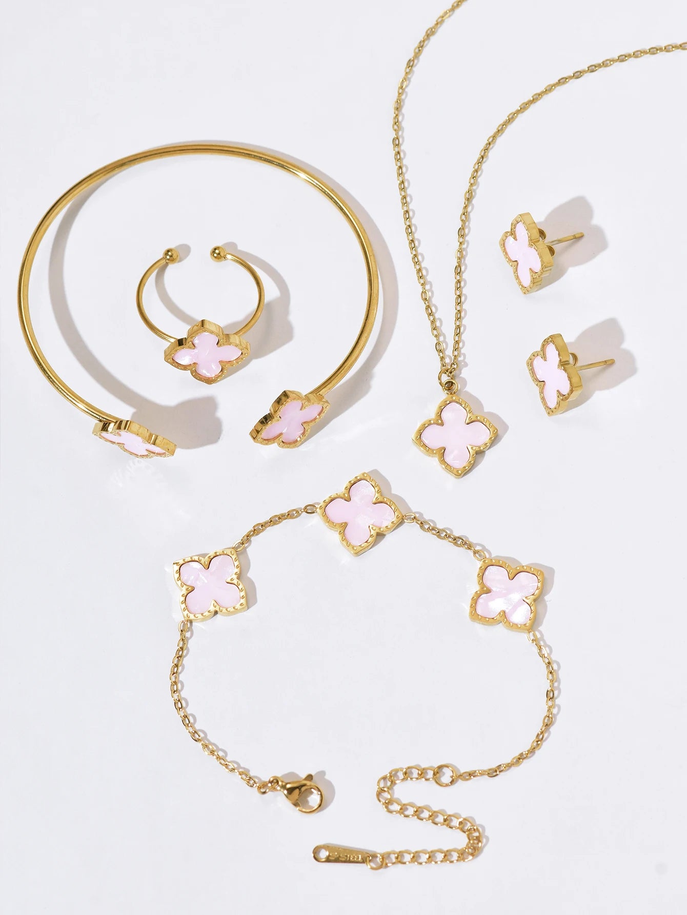 1 Set Stainless Steel Clover Jewellery Set, Necklace Bracelet, Ring &  Earrings
