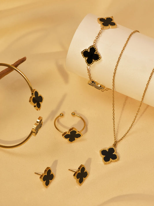 1 Set Stainless Steel Clover Jewellery Set, Necklace Bracelet, Ring &  Earrings