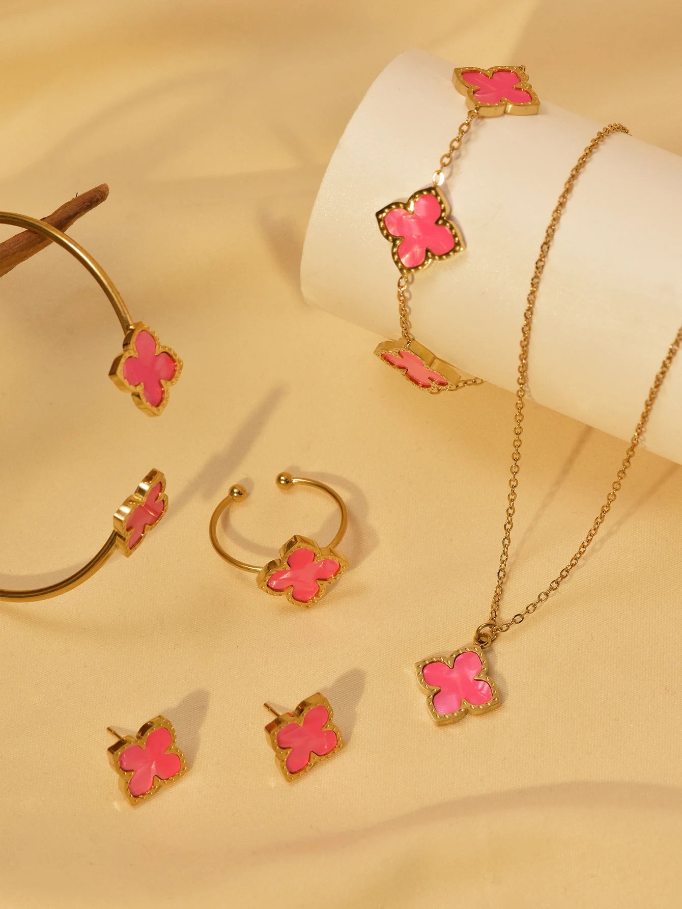 1 Set Stainless Steel Clover Jewellery Set, Necklace Bracelet, Ring &  Earrings