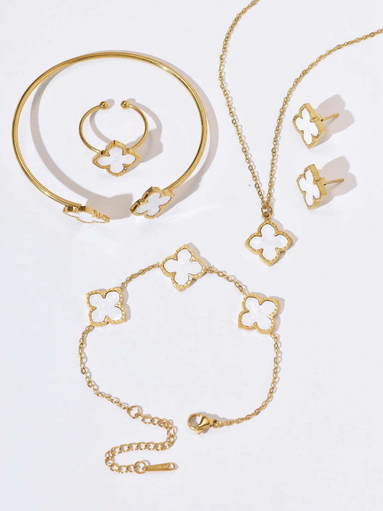 1 Set Stainless Steel Clover Jewellery Set, Necklace Bracelet, Ring &  Earrings