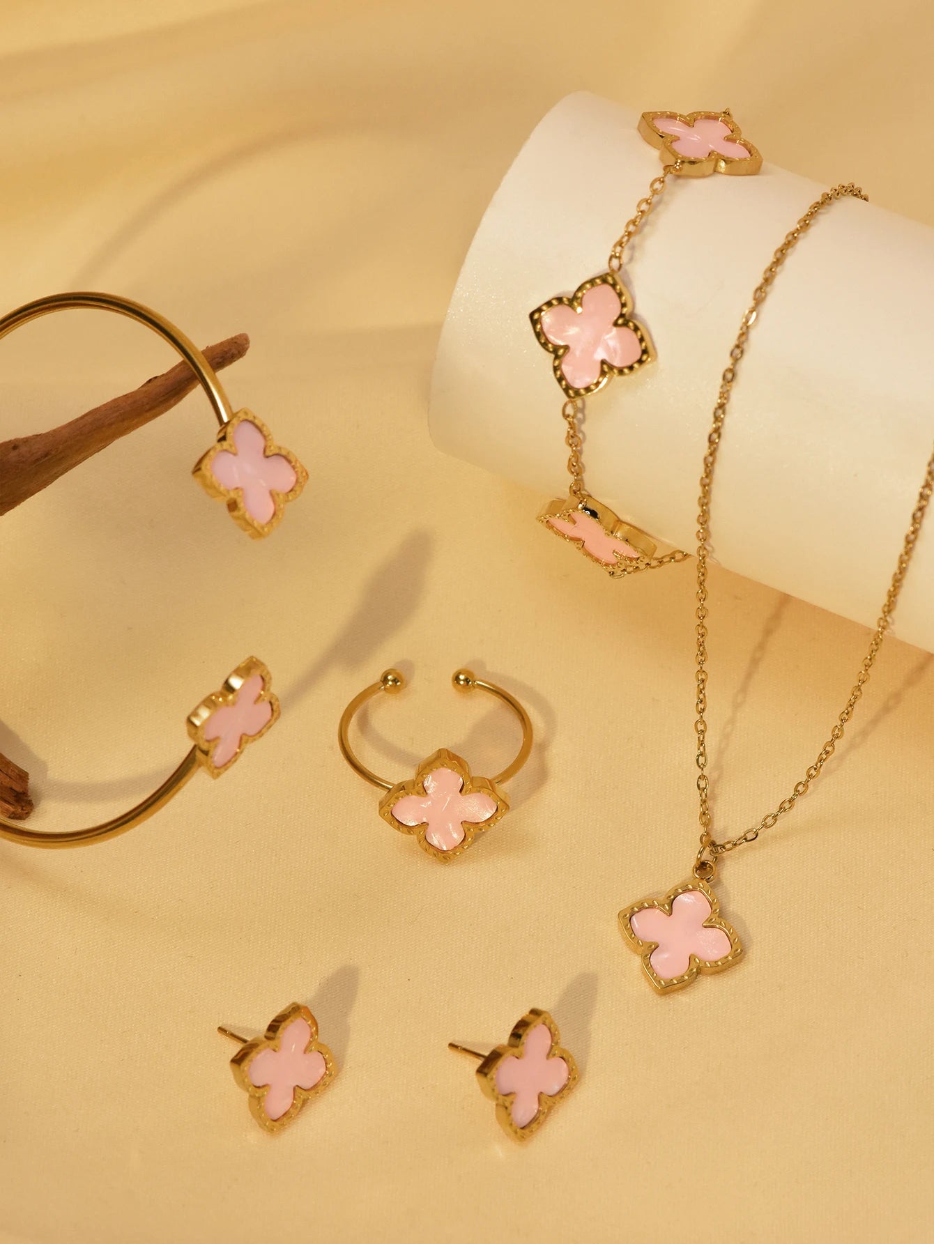 1 Set Stainless Steel Clover Jewellery Set, Necklace Bracelet, Ring &  Earrings