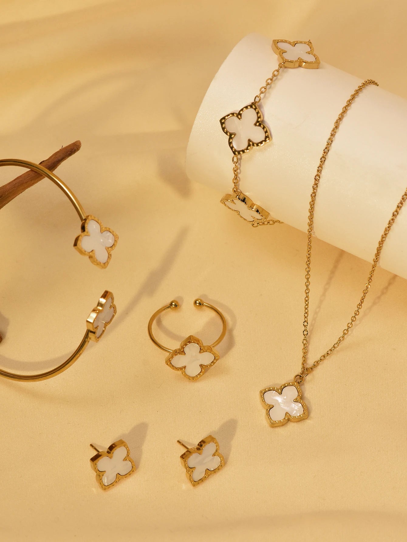 1 Set Stainless Steel Clover Jewellery Set, Necklace Bracelet, Ring &  Earrings