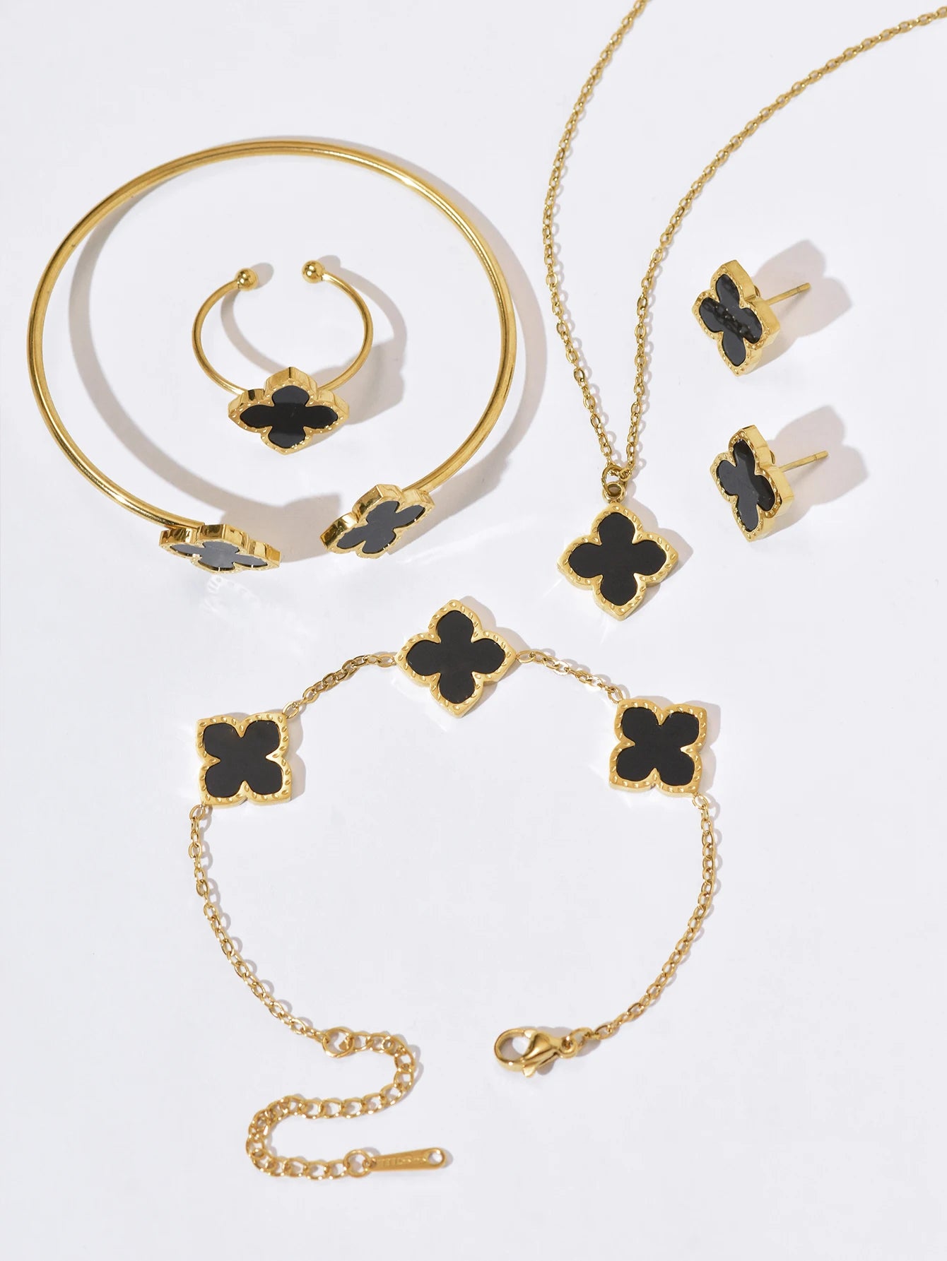 1 Set Stainless Steel Clover Jewellery Set, Necklace Bracelet, Ring &  Earrings
