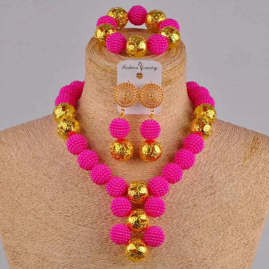 African Fuchsia pink costume necklace jewelry set