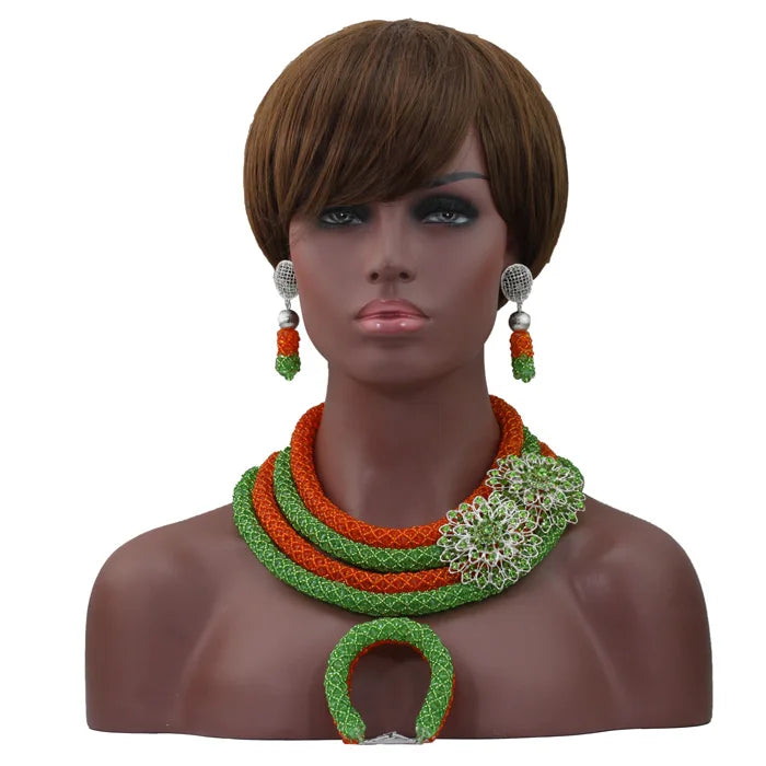 African Fashion Orange/Lime Green  Jewelry Set