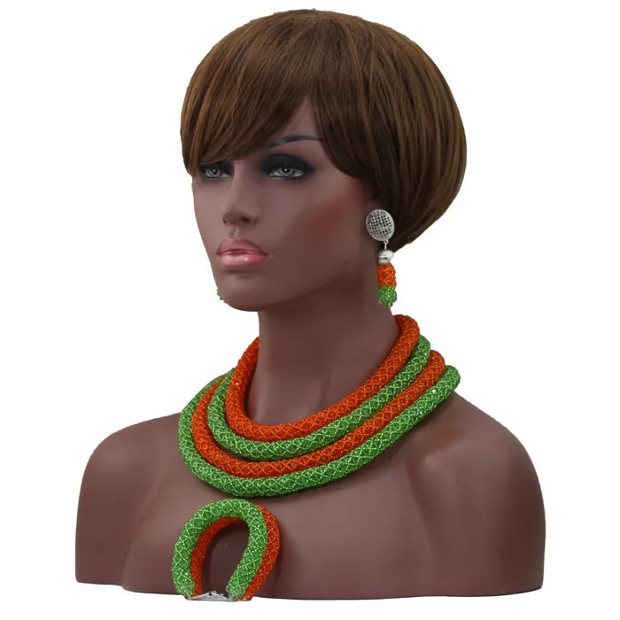 African Fashion Orange/Lime Green  Jewelry Set