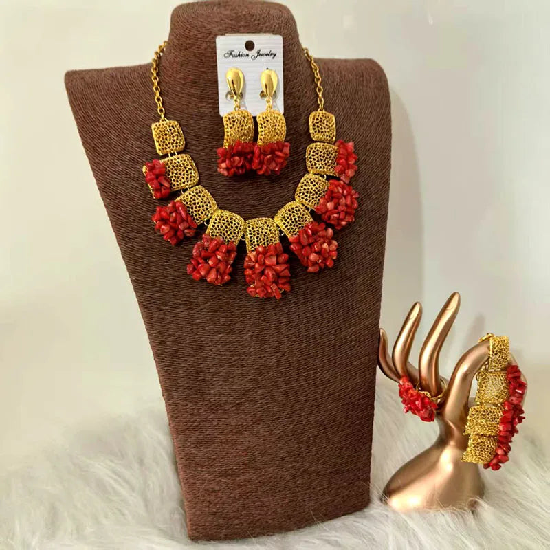 Gold Plated Orange Dudo Coral Dubai Necklace Set 4 Pieces