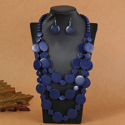 African Party Dress Wooden Necklace, Earring Jewelry Sets