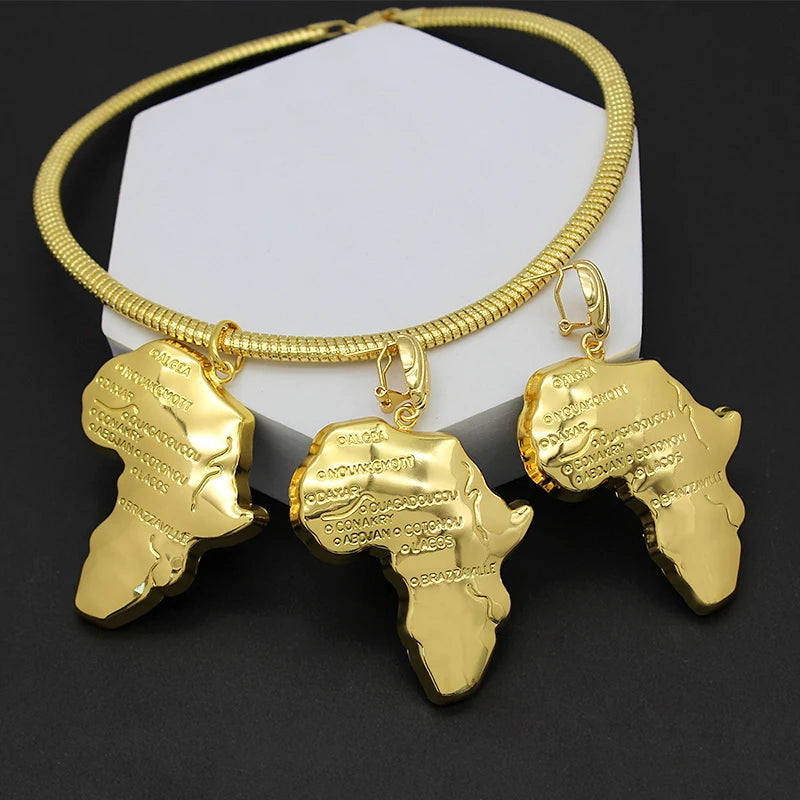 Africa Map Necklace Earrings  Sets  Copper 24K Plated Gold, Ethiopia, Congo, Ghana Jewelry