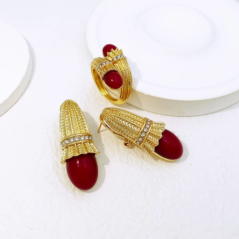 Italian Luxury Red Opal Pendant Jewelry Set For Women