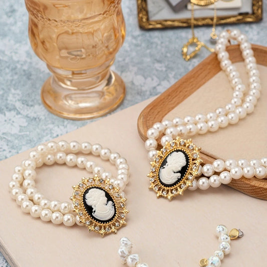 Victoria 2 Strand Cameo Faux Pearl Necklace and Bracelet Set.