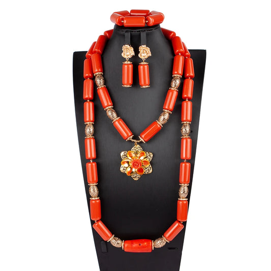 Flower Brooch Double Layers African Beads Jewelry Set