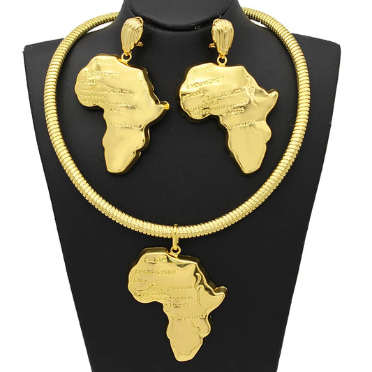 Africa Map Necklace Earrings  Sets  Copper 24K Plated Gold, Ethiopia, Congo, Ghana Jewelry