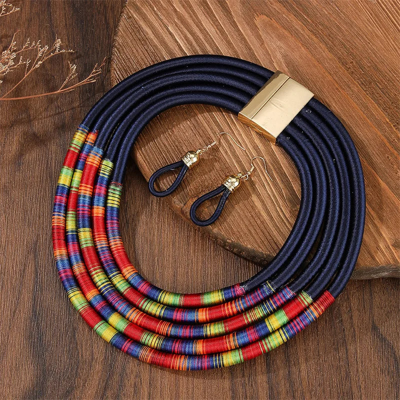 African Fashion Jewelry Set for Women. Necklace, Earrings Multi-layer Woven Jewelry.