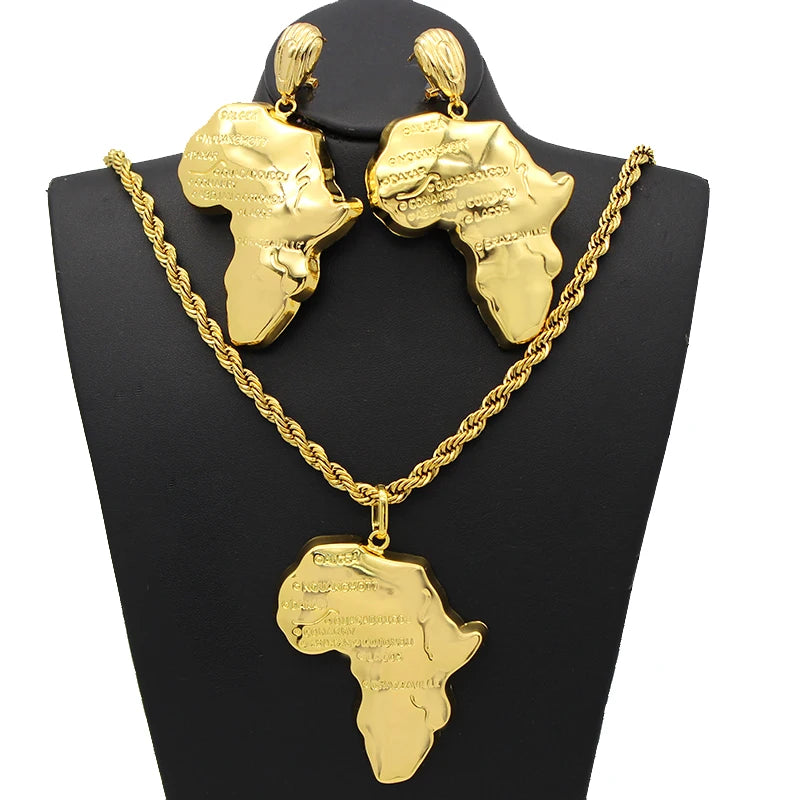 Africa Map Necklace Earrings  Sets  Copper 24K Plated Gold, Ethiopia, Congo, Ghana Jewelry