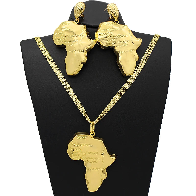 Africa Map Necklace Earrings  Sets  Copper 24K Plated Gold, Ethiopia, Congo, Ghana Jewelry