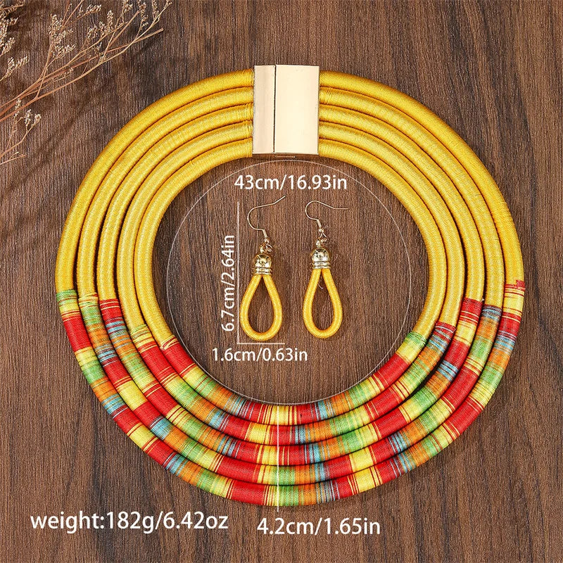 African Fashion Jewelry Set for Women. Necklace, Earrings Multi-layer Woven Jewelry.