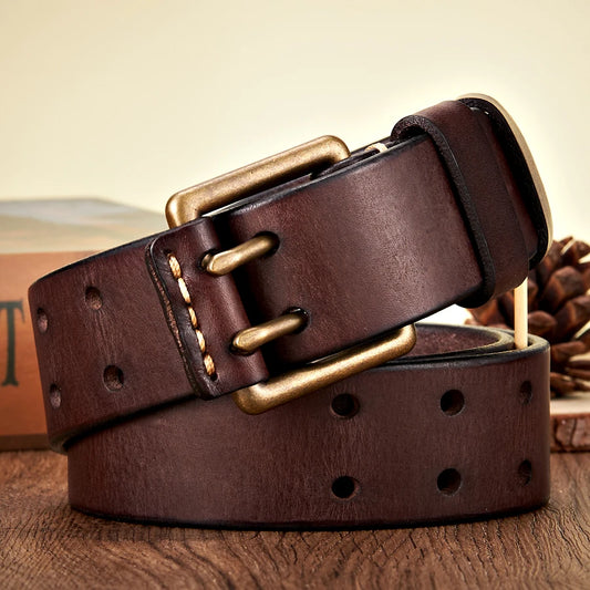 Genuine Leather Copper Double Needle Buckle3.8cm Wide Men's Belt