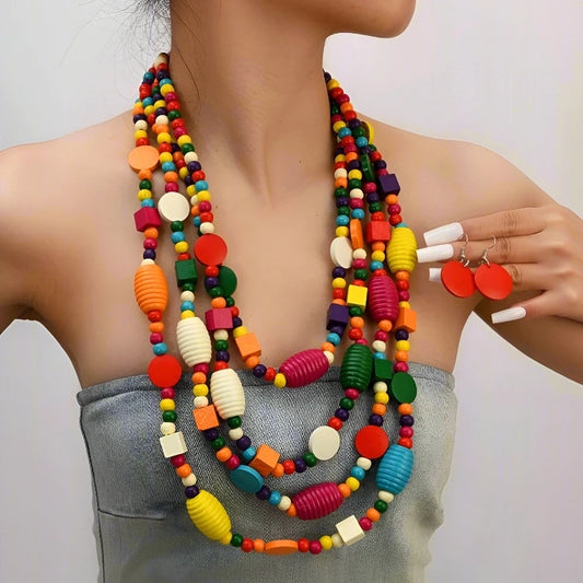 African Jewelry Set Bohemian Colored Geometric Multi-layer Wooden Beads Handmade Necklace And Earrings