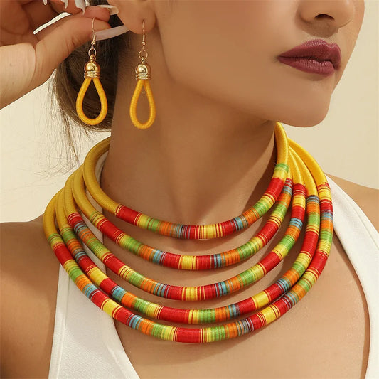 African Fashion Jewelry Set for Women. Necklace, Earrings Multi-layer Woven Jewelry.