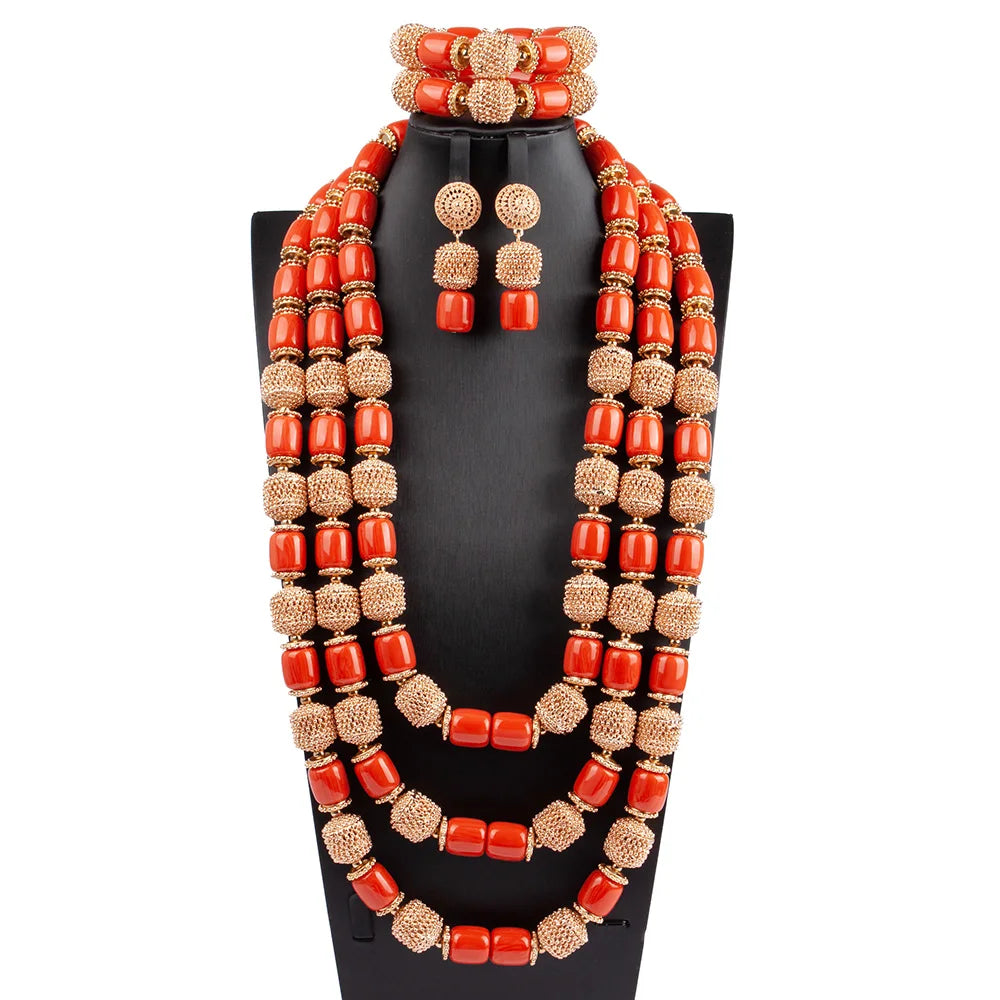 African Coral Beads Necklace Set for Wedding and Cultural Events