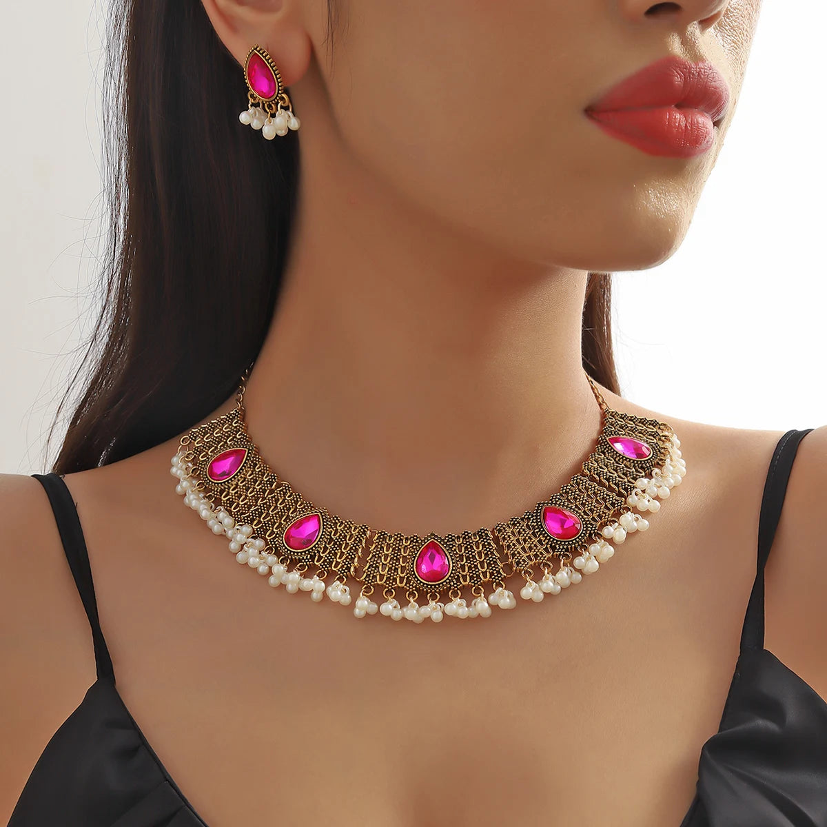 2 PCS Vintage Indian Style Alloy Necklace Earrings Set