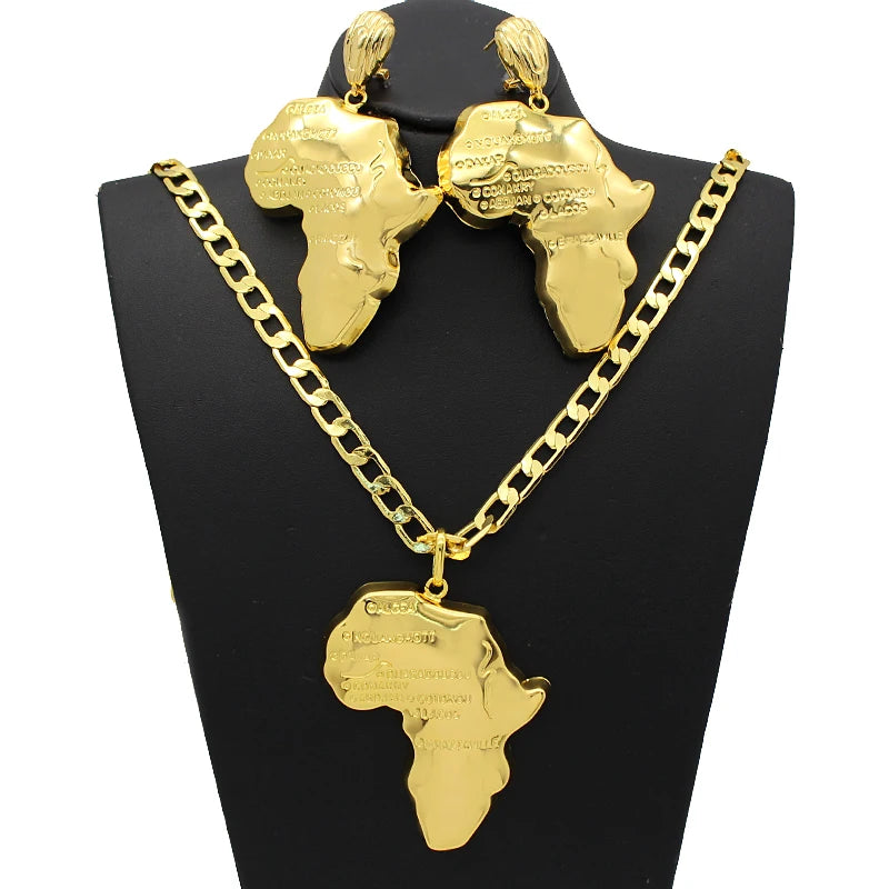 Africa Map Necklace Earrings  Sets  Copper 24K Plated Gold, Ethiopia, Congo, Ghana Jewelry