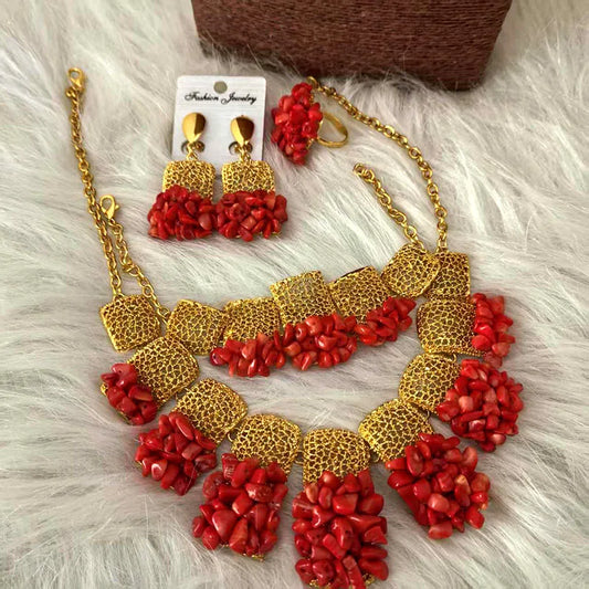 Gold Plated Orange Dudo Coral Dubai Necklace Set 4 Pieces