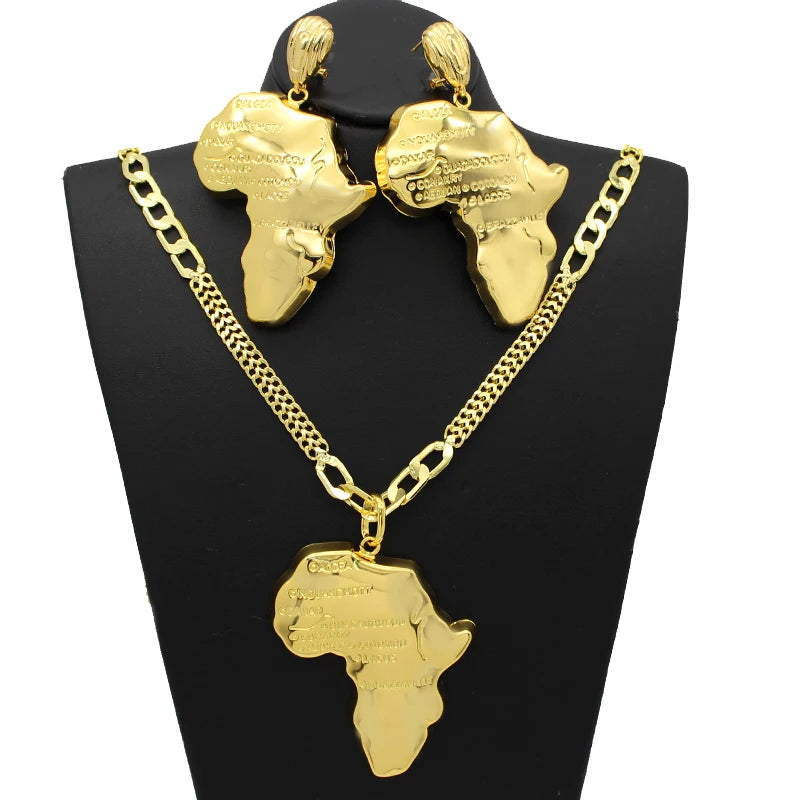 Africa Map Necklace Earrings  Sets  Copper 24K Plated Gold, Ethiopia, Congo, Ghana Jewelry