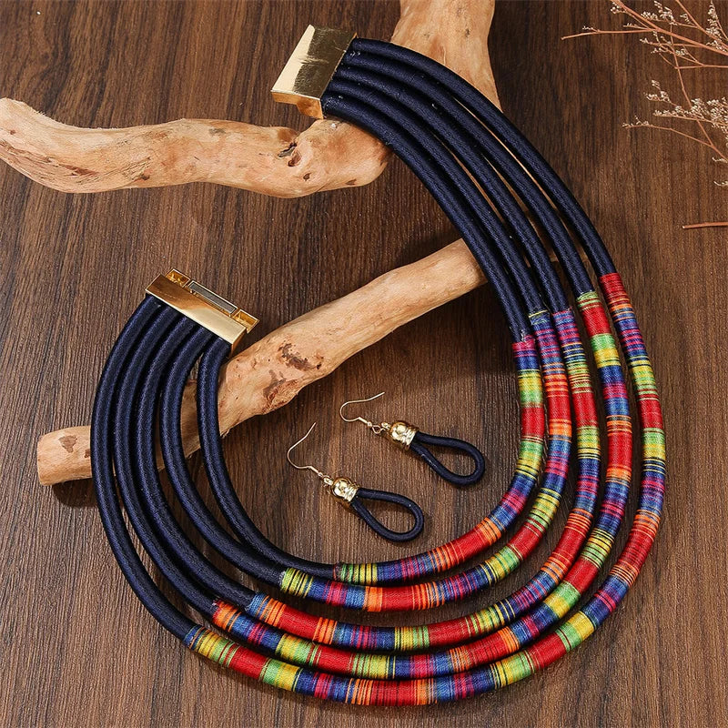 African Fashion Jewelry Set for Women. Necklace, Earrings Multi-layer Woven Jewelry.
