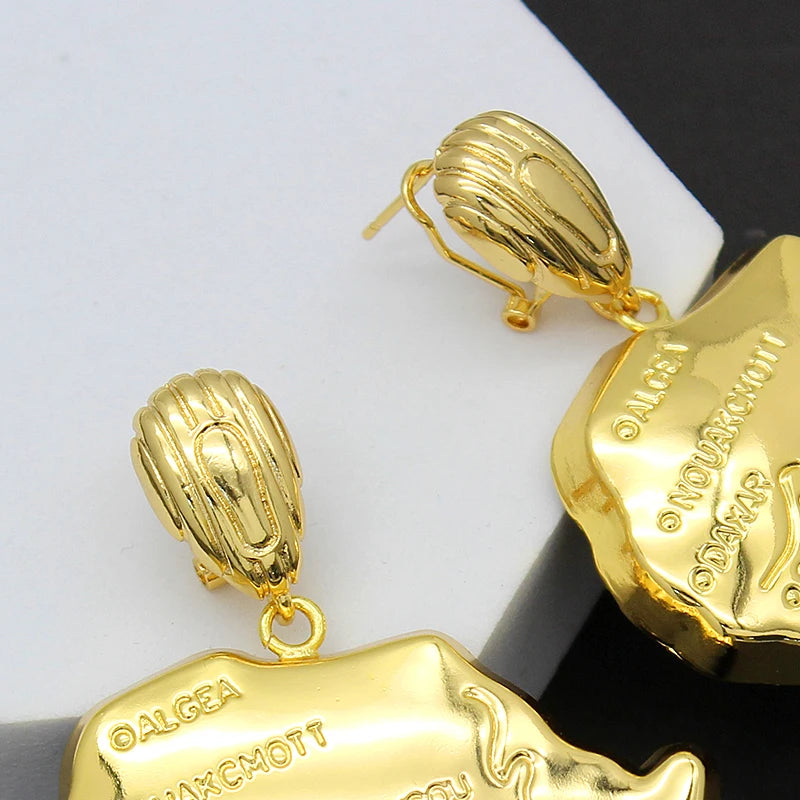 Africa Map Necklace Earrings  Sets  Copper 24K Plated Gold, Ethiopia, Congo, Ghana Jewelry