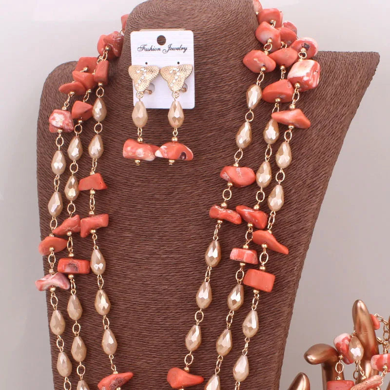 African Nature Coral long beads jewelry set
