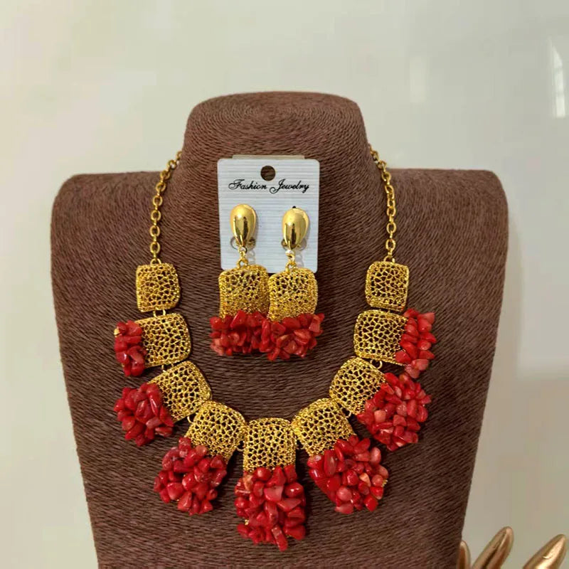 Gold Plated Orange Dudo Coral Dubai Necklace Set 4 Pieces