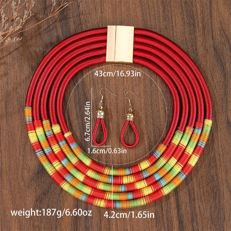 African Fashion Jewelry Set for Women. Necklace, Earrings Multi-layer Woven Jewelry.