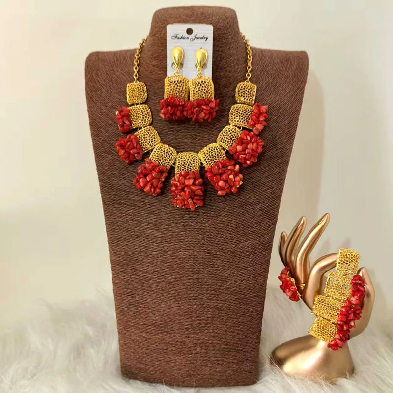 Gold Plated Orange Dudo Coral Dubai Necklace Set 4 Pieces