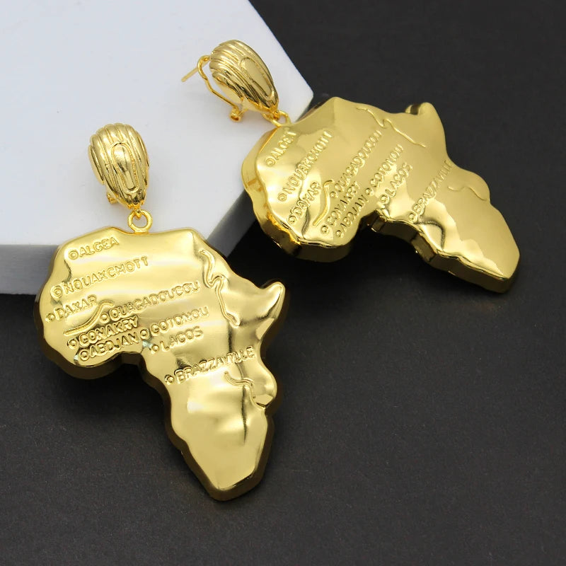 Africa Map Necklace Earrings  Sets  Copper 24K Plated Gold, Ethiopia, Congo, Ghana Jewelry
