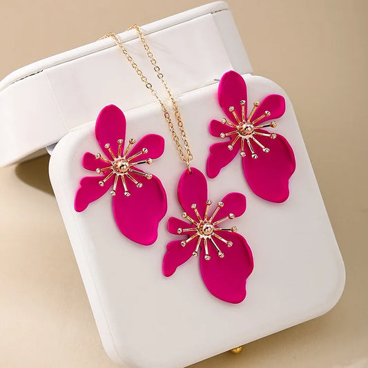 Korean Fashion Designer Enamel Flower Necklace Set