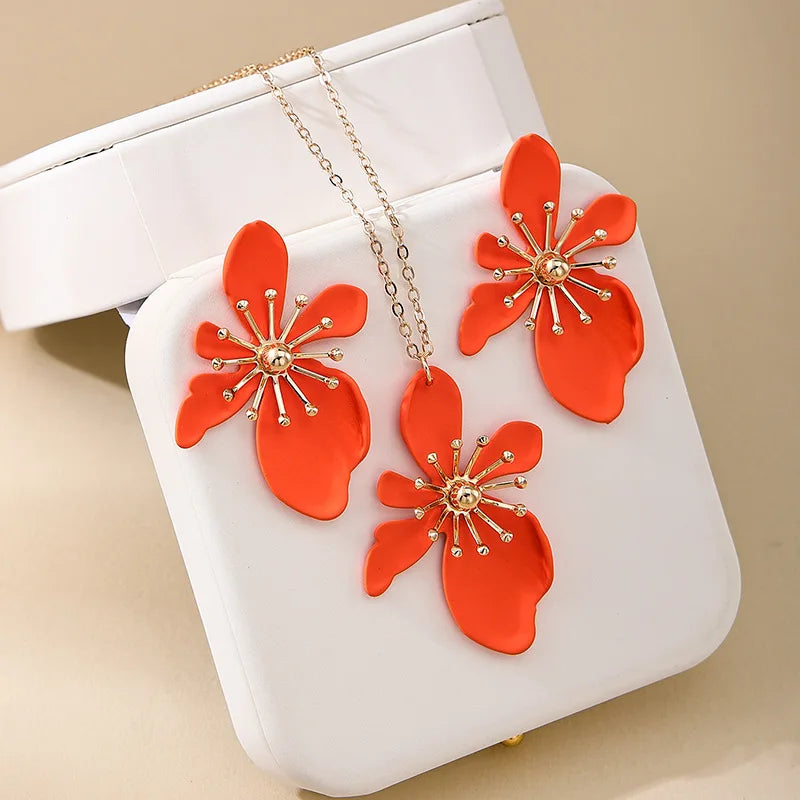 Korean Fashion Designer Enamel Flower Necklace Set